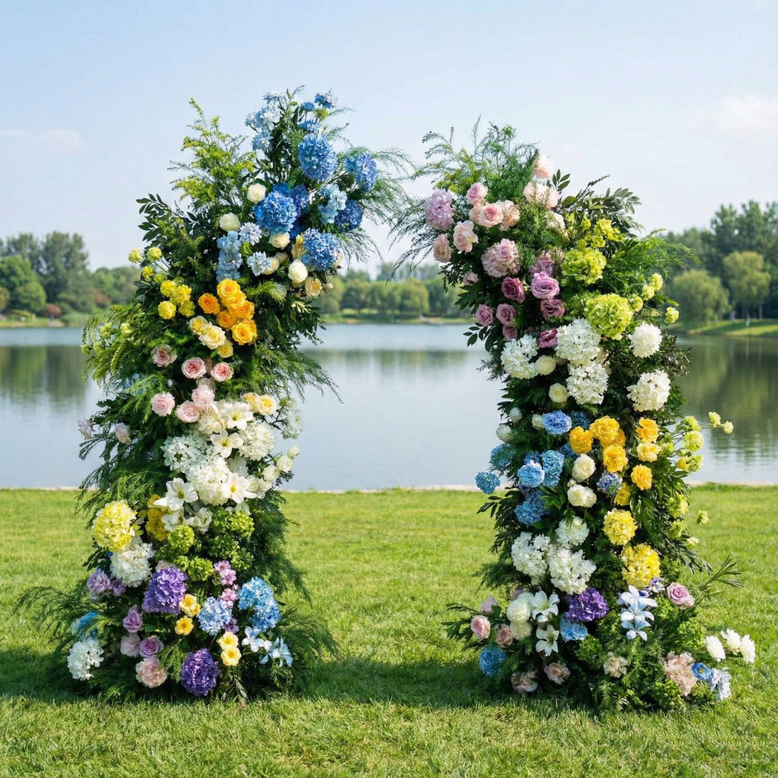 Happiness: Colorful Modern Split Floral Arch Backdrop with Stand for Garden Weddings Parties and Events Decoration