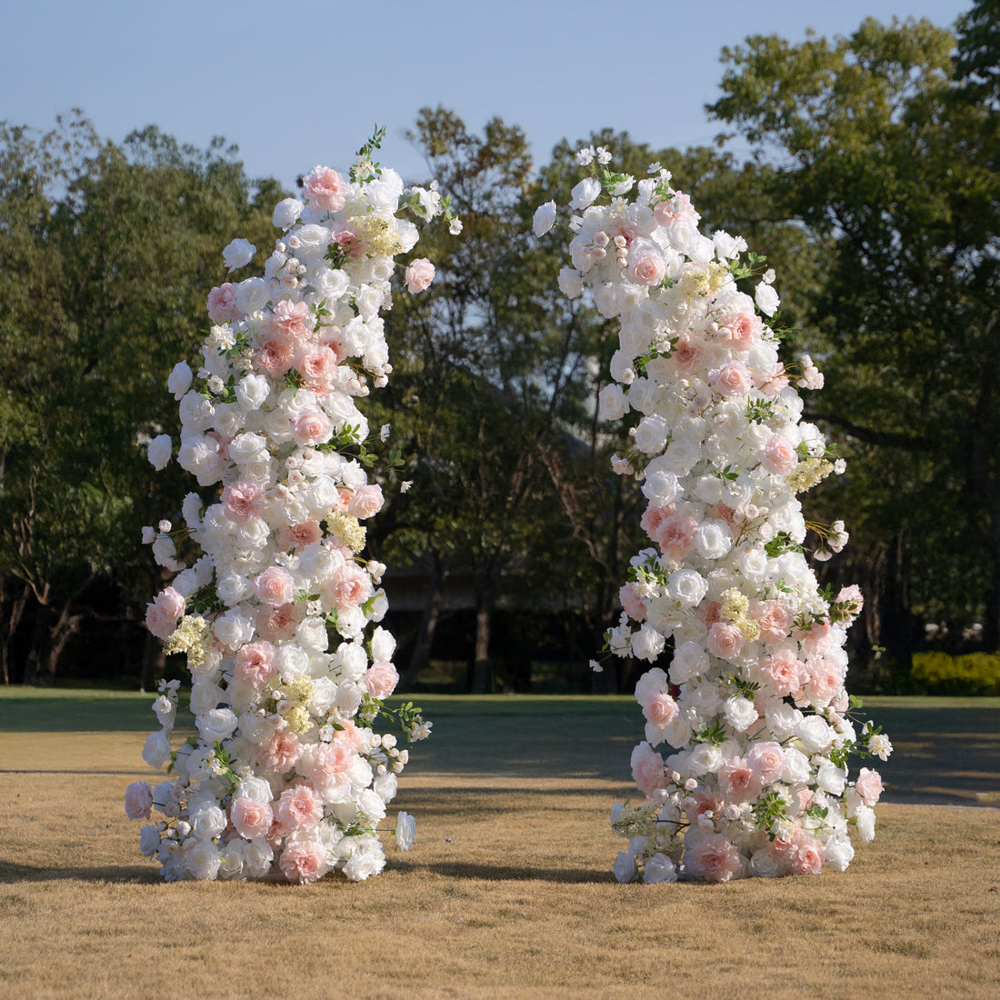 Churri 2026 Elegant Floral Arch Backdrop with Stand – Blush Pink &amp; White Roses for Wedding Ceremonies