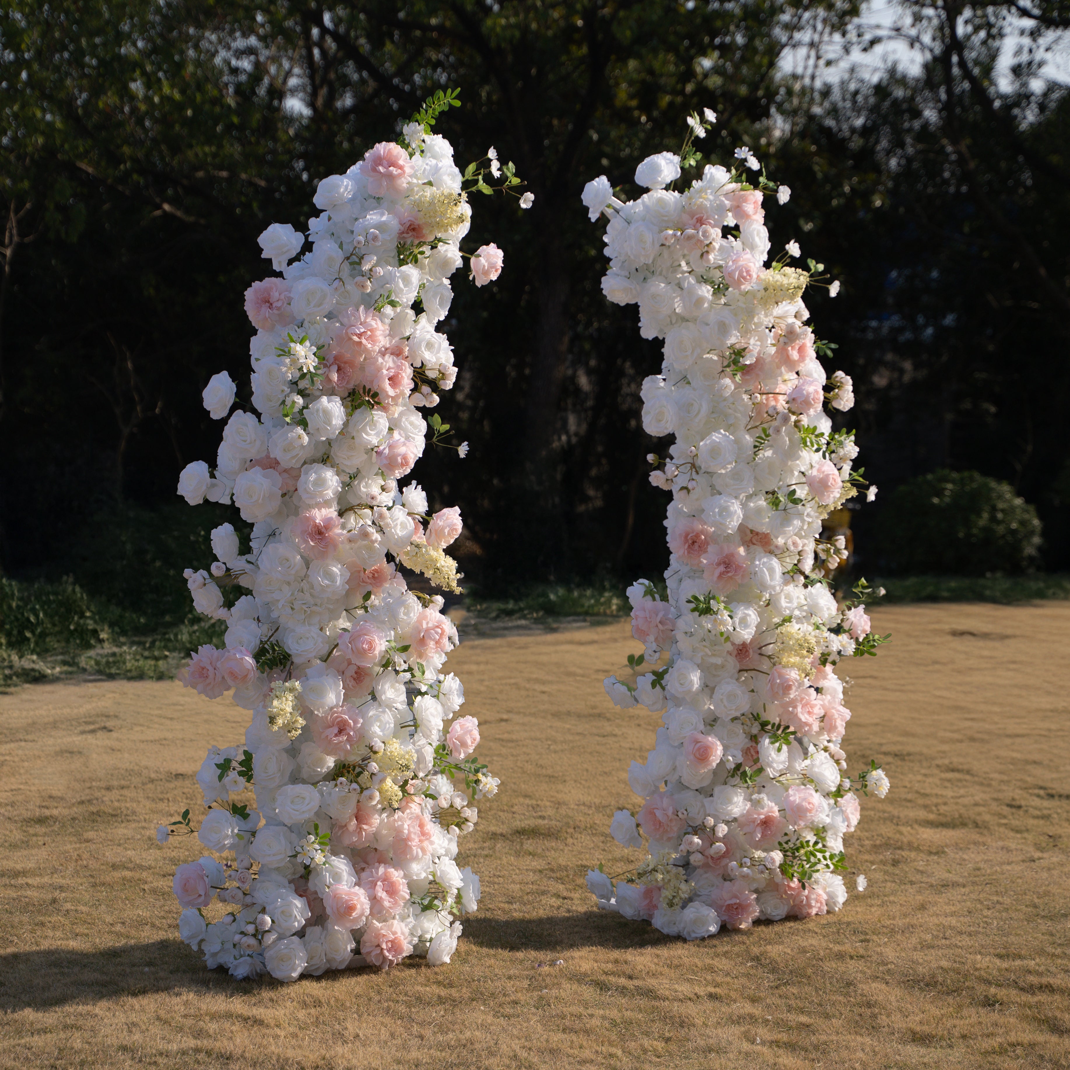 Churri 2026 Elegant Floral Arch Backdrop with Stand – Blush Pink &amp; White Roses for Wedding Ceremonies