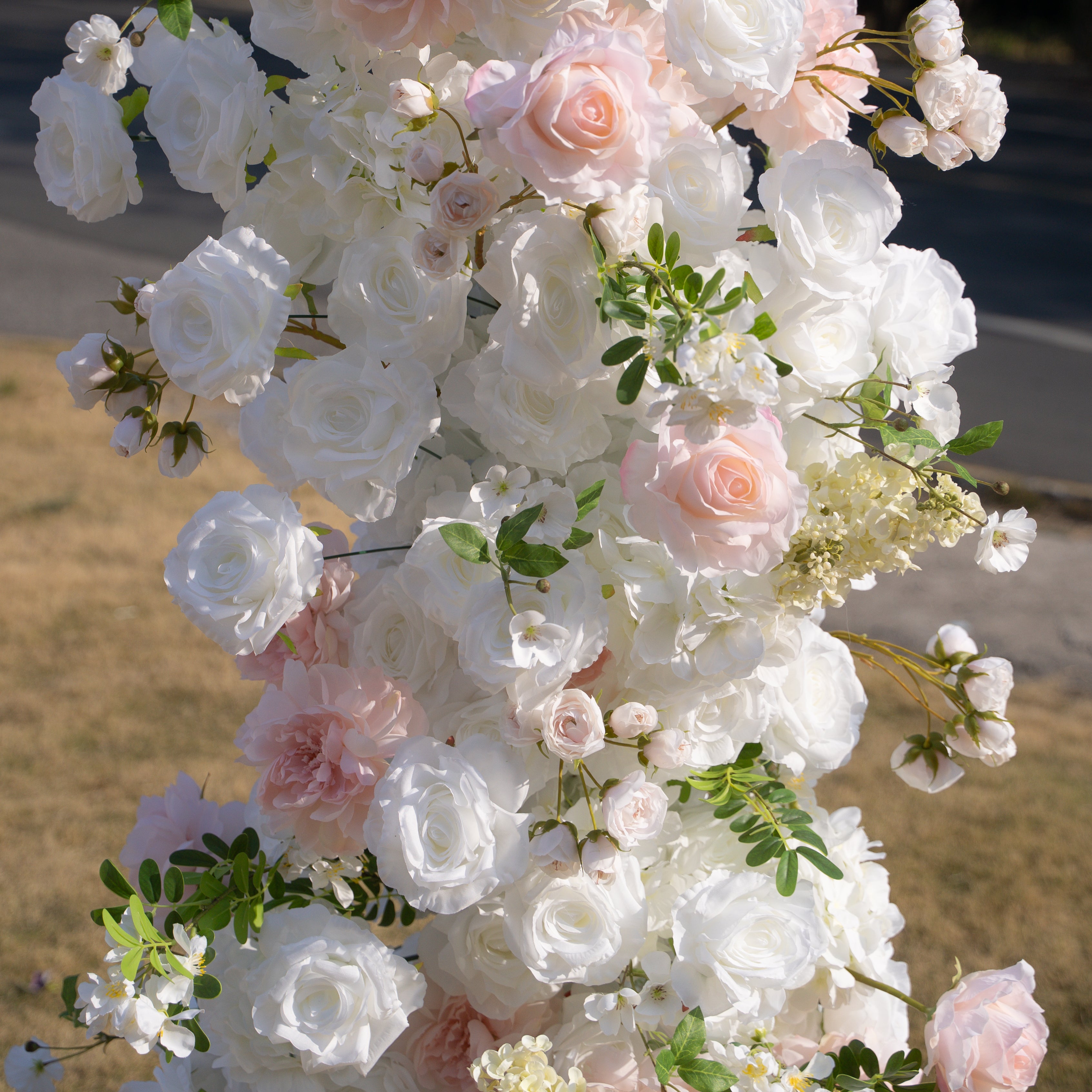 Churri 2026 Elegant Floral Arch Backdrop with Stand – Blush Pink &amp; White Roses for Wedding Ceremonies