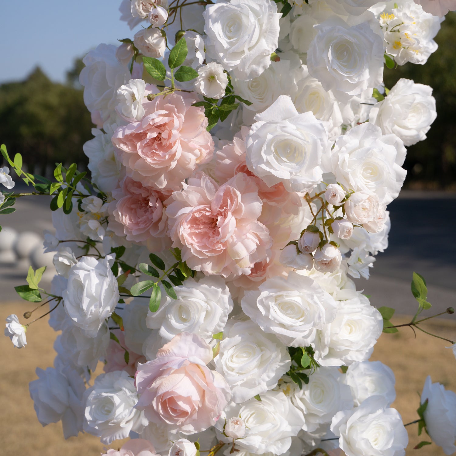 Churri 2026 Elegant Floral Arch Backdrop with Stand – Blush Pink &amp; White Roses for Wedding Ceremonies