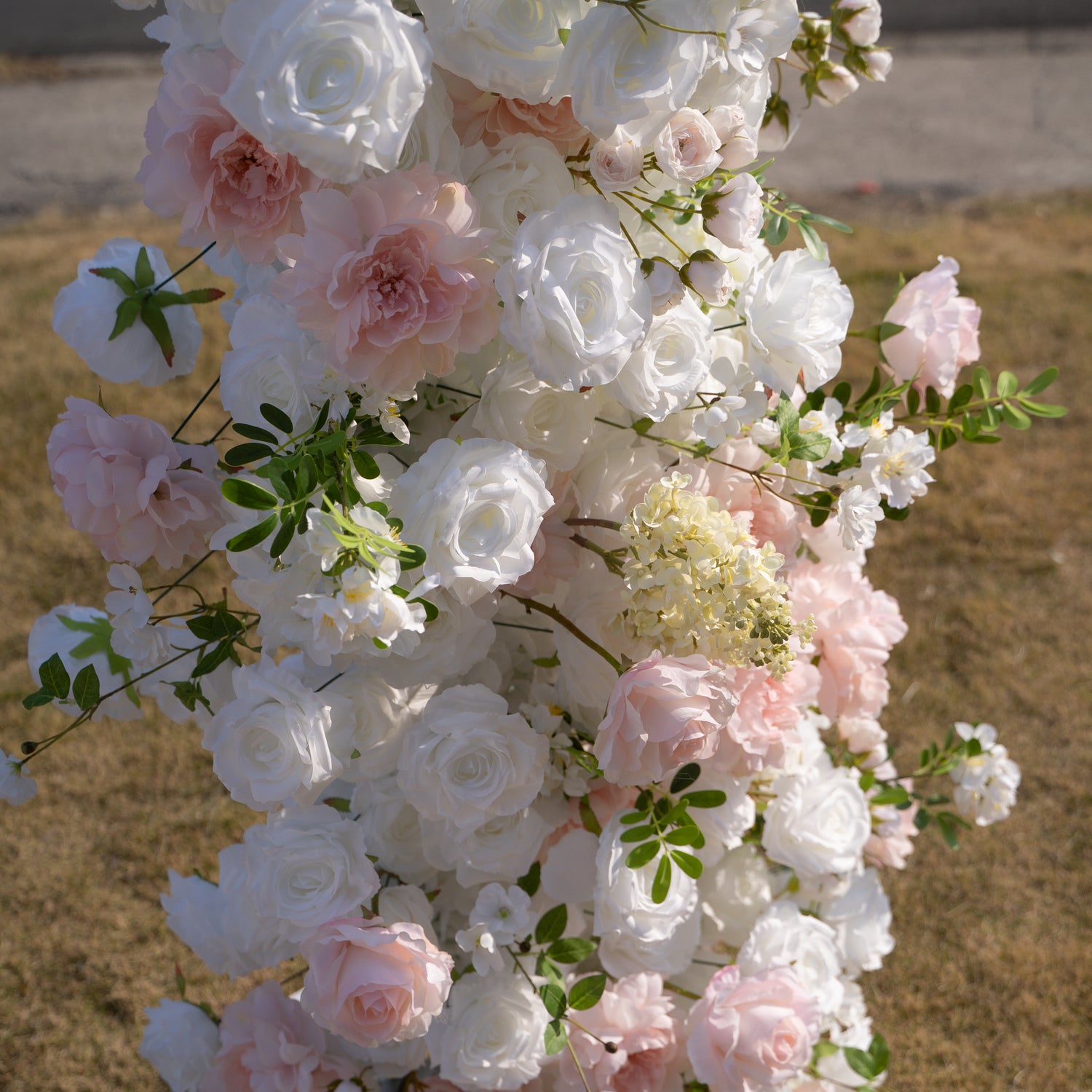 Churri 2026 Elegant Floral Arch Backdrop with Stand – Blush Pink &amp; White Roses for Wedding Ceremonies